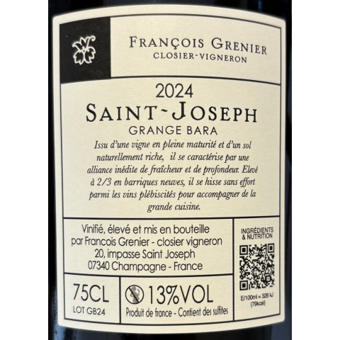 Domaine François Grenier Saint Joseph "Grange Bara" rouge 2024 bouteille 2