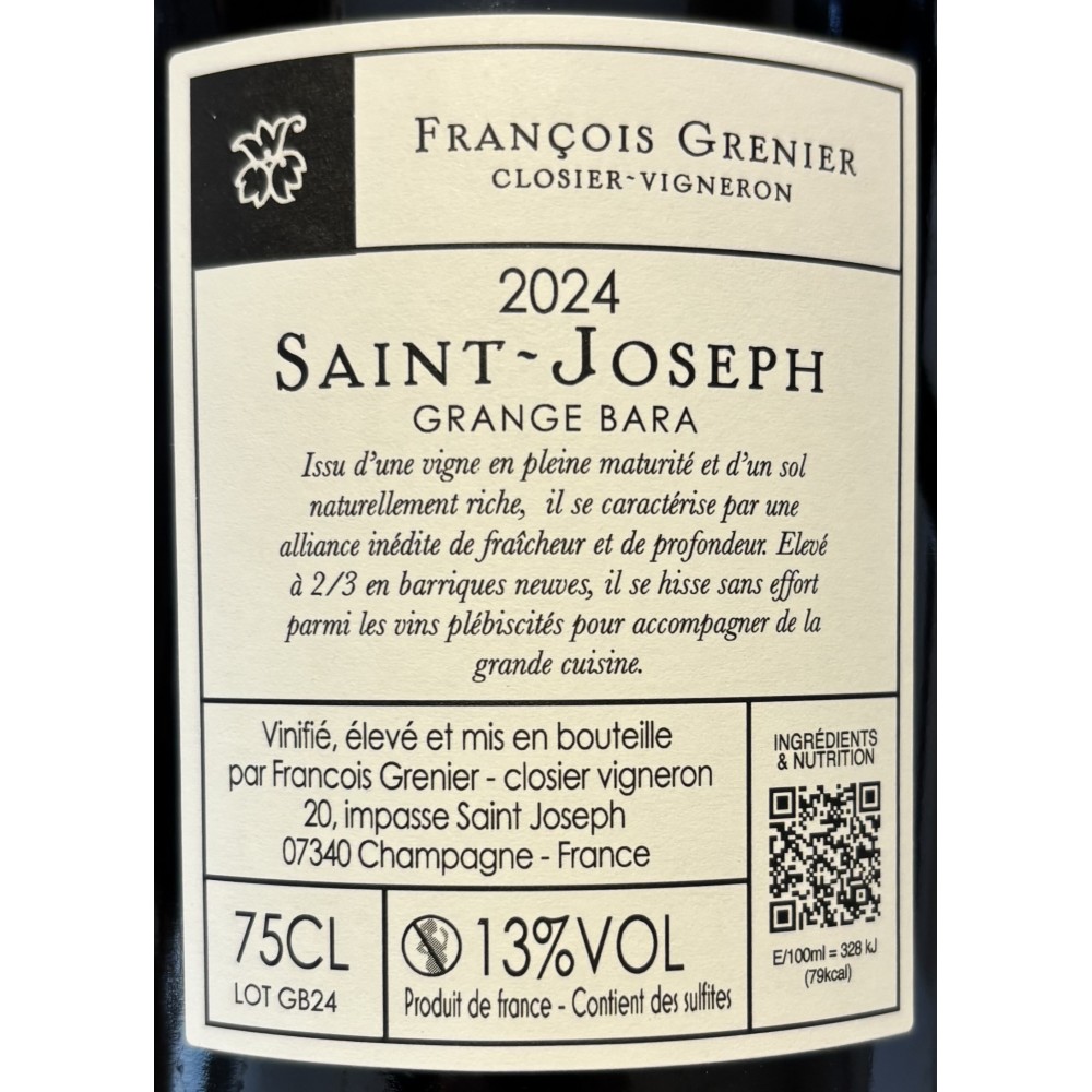 Domaine François Grenier Saint Joseph "Grange Bara" rouge 2024 contre etiquette