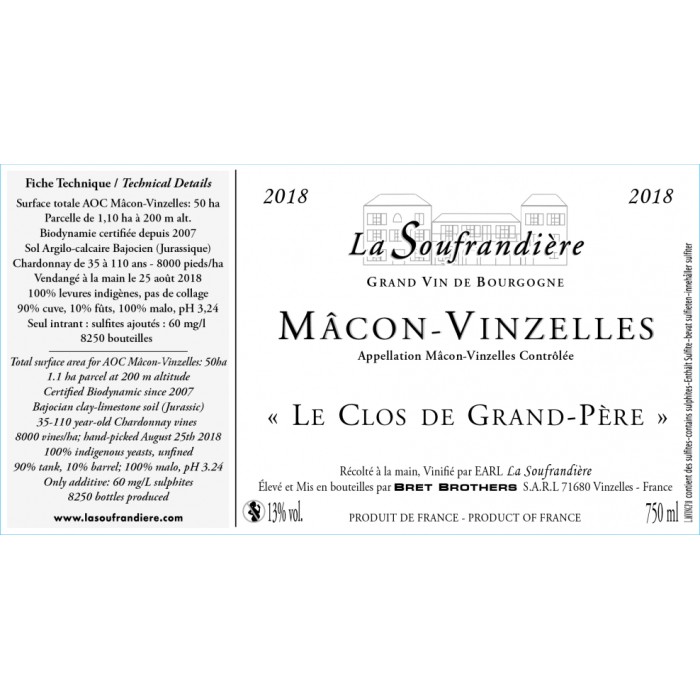 Bret Brothers La Soufrandière Mâcon-Vinzelles "Le Clos de Grand Père" blanc sec 2024 etiquette