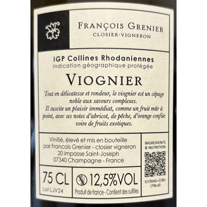 Domaine François Grenier Jardins (Viognier) blanc 2024 contre étiquette