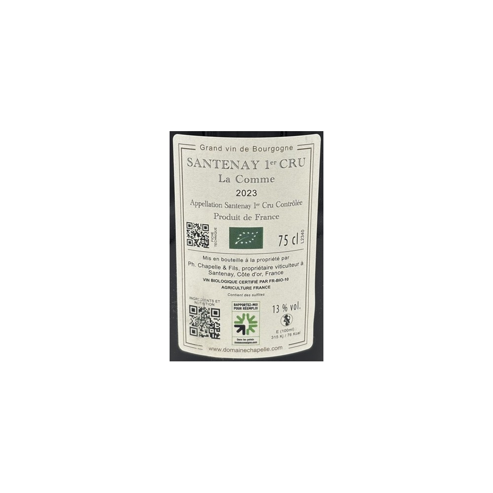 Domaine Chapelle Santenay rouge 1er cru "La Comme" 2023 contre etiquette