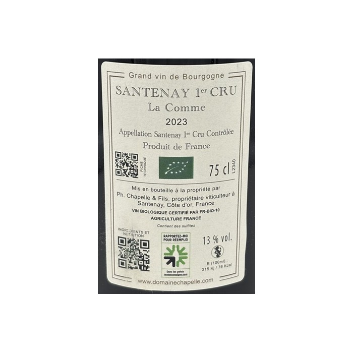 Domaine Chapelle Santenay rouge 1er cru "La Comme" 2023 contre etiquette