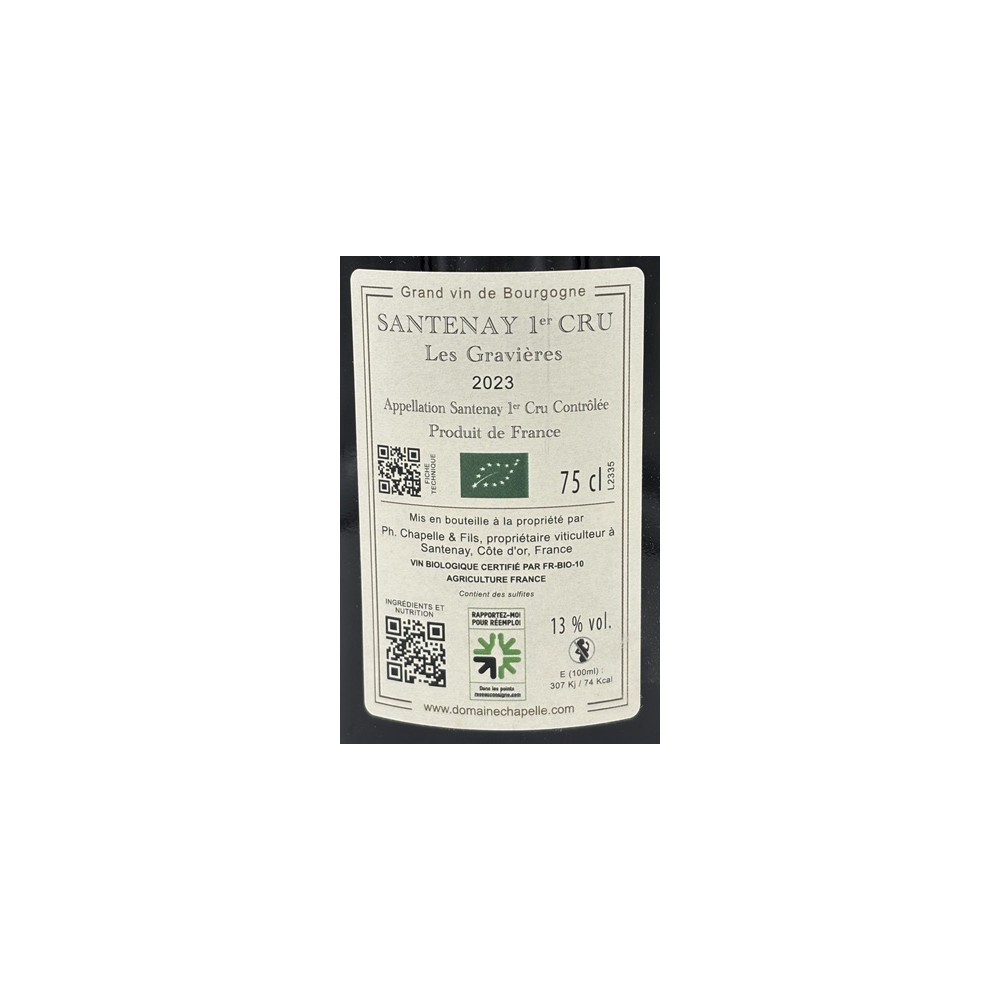 Domaine Chapelle Santenay 1er cru "Les Gravières" rouge 2023 contre etiquette
