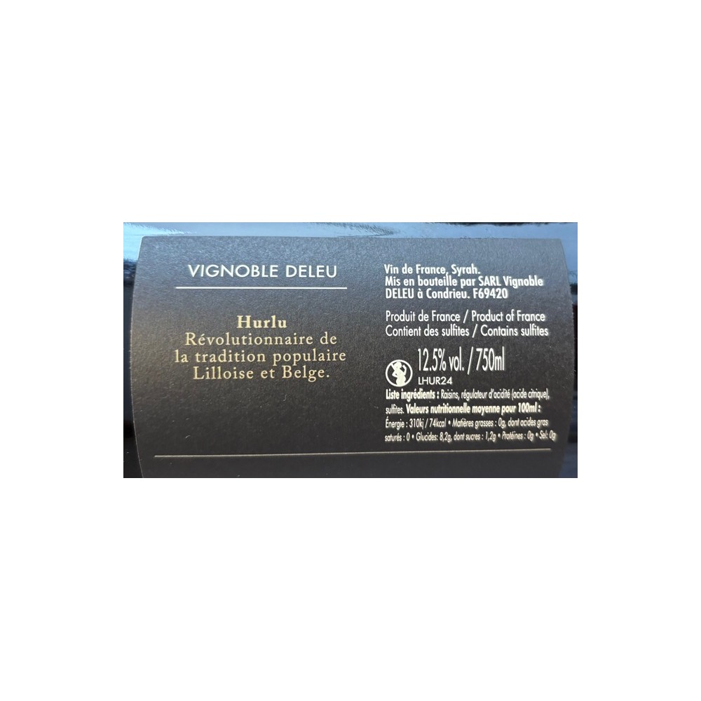 Bryan Deleu VdF "Hurlu" (syrah) red wine 2024 label