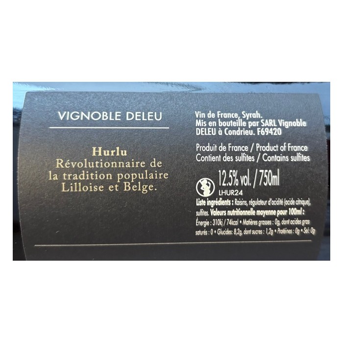 Bryan Deleu VdF "Hurlu" (syrah) rouge 2024 etiquette