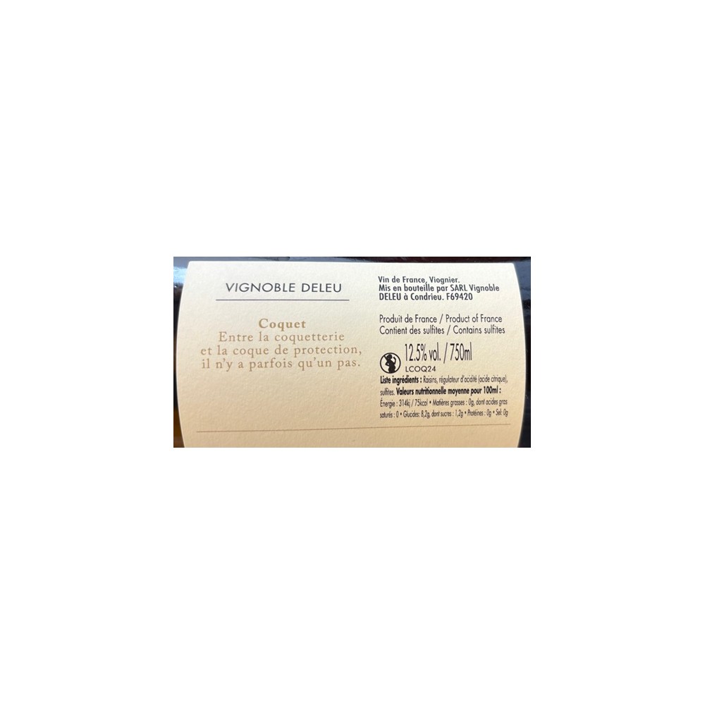 Bryan Deleu "Coquet" (viognier) blanc sec 2024 contre etiquette