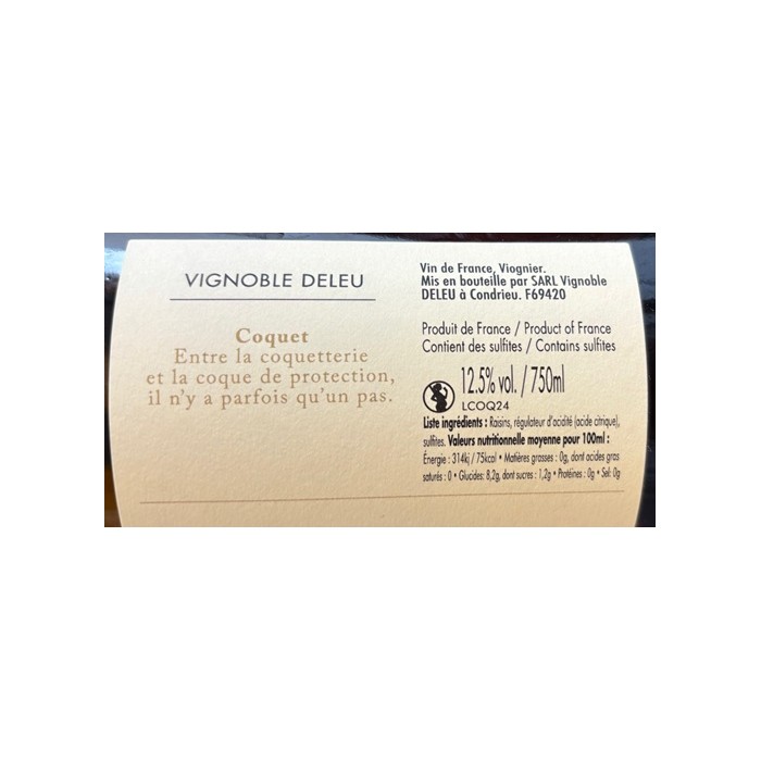 Bryan Deleu "Coquet" (viognier) blanc sec 2024 contre etiquette