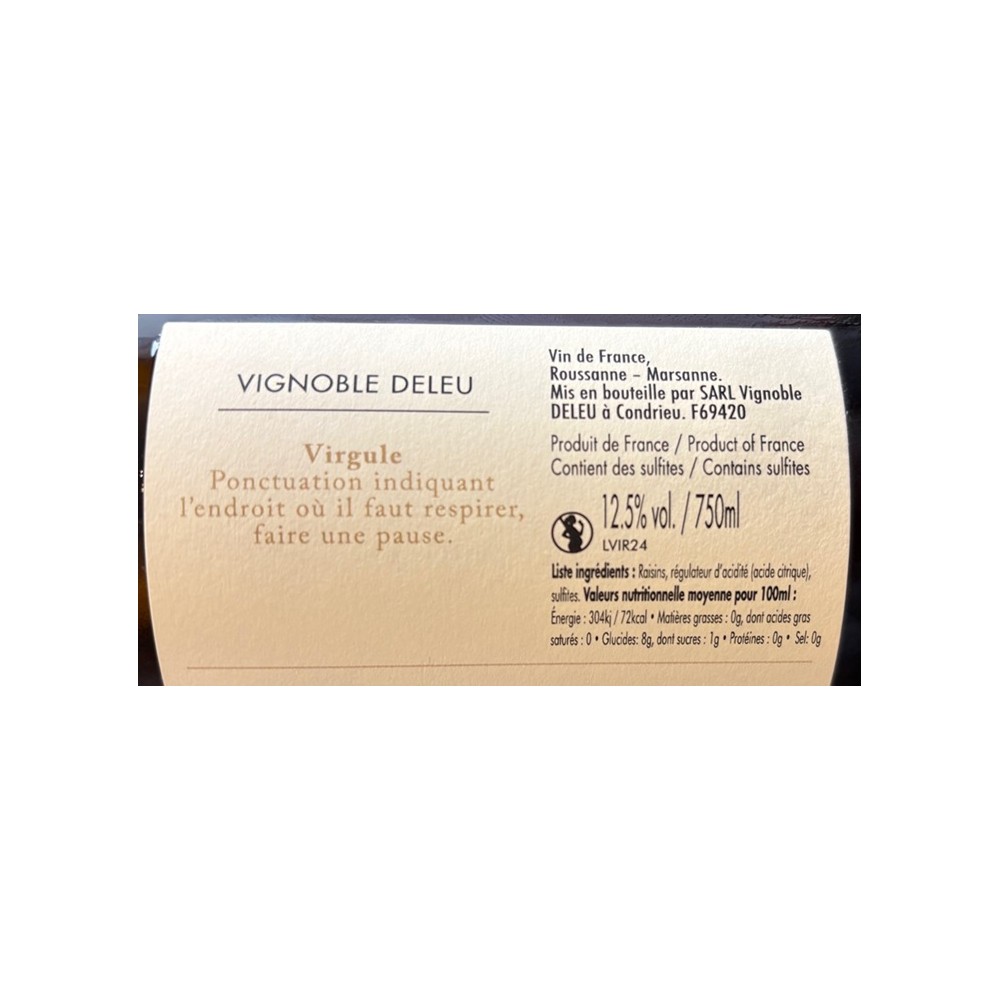 Bryan Deleu "Virgule" (roussanne-marsanne) blanc sec 2024 contre-étiquette