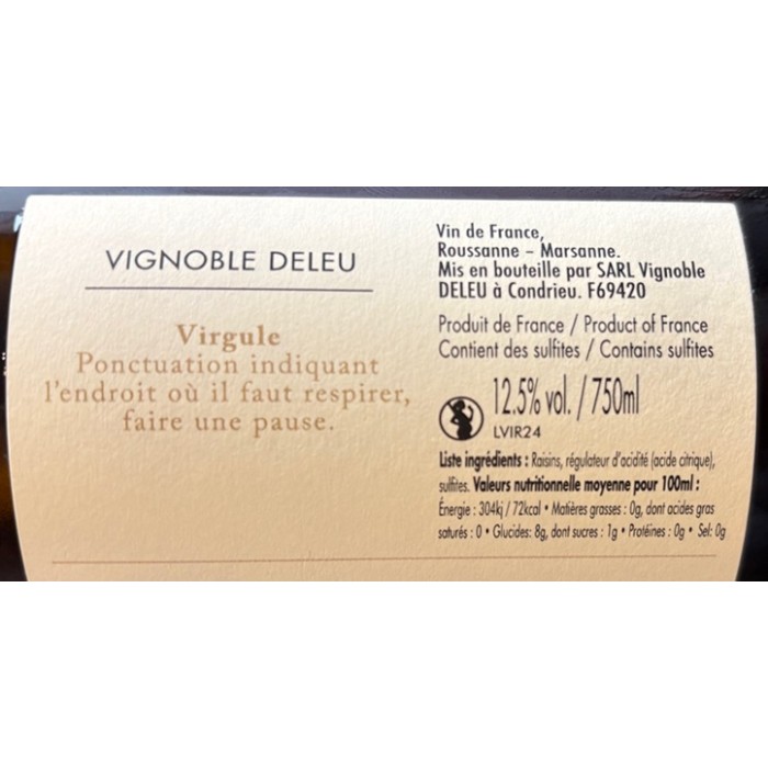 Bryan Deleu "Virgule" (roussanne-marsanne) blanc sec 2024 contre-étiquette