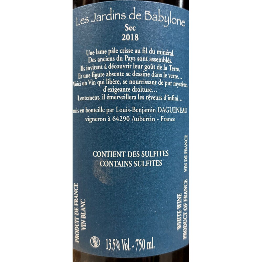 Domaine Didier Dagueneau "Les Jardins de Babylone" blanc sec 2018 étiquette