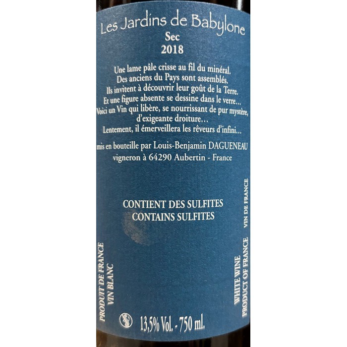 Domaine Didier Dagueneau "Les Jardins de Babylone" blanc sec 2018 étiquette