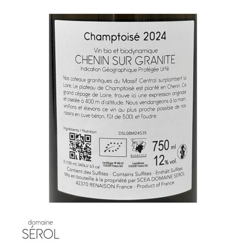 Domaine Sérol "Champtoisé" (chenin) blanc sec 2024 bouteille 2