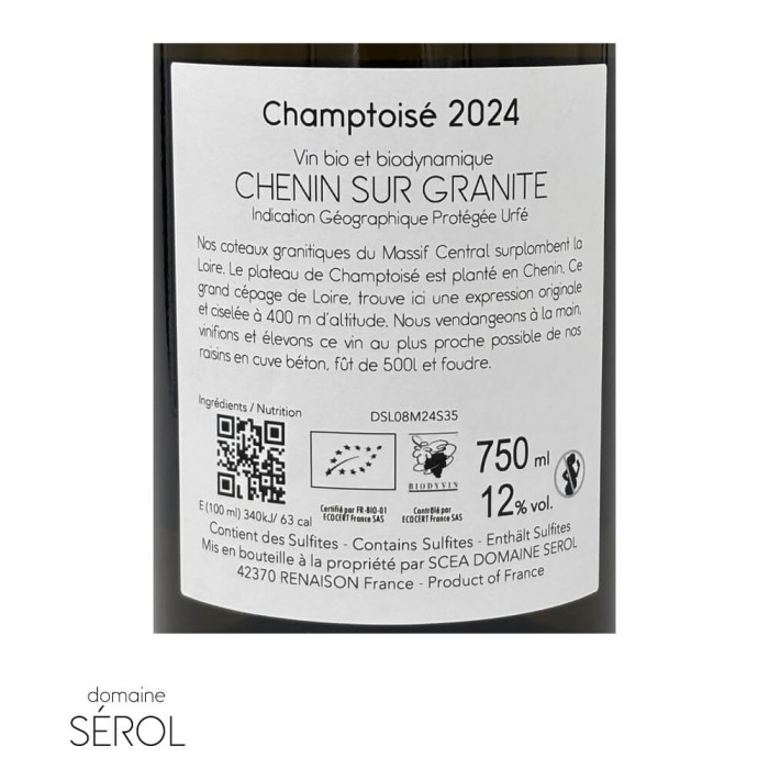 Domaine Sérol "Champtoisé" (chenin) dry white 2024 label