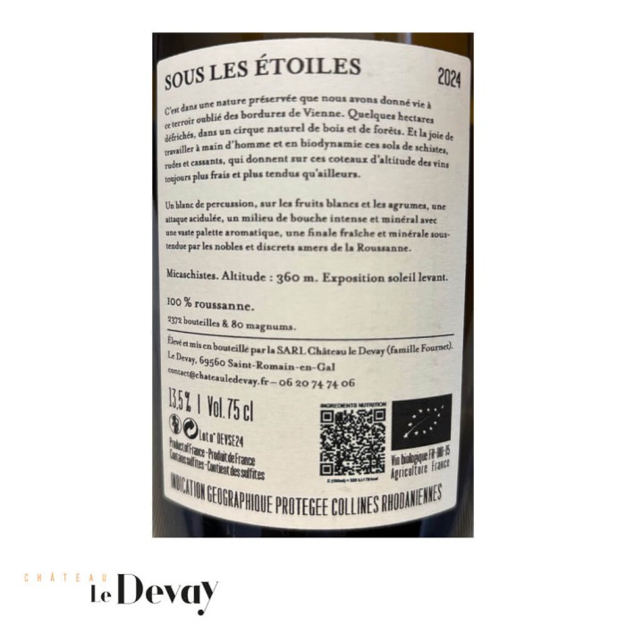 Château Le Devay IGP "Sous les étoiles" (roussanne) blanc sec 2024 contre-étiquette