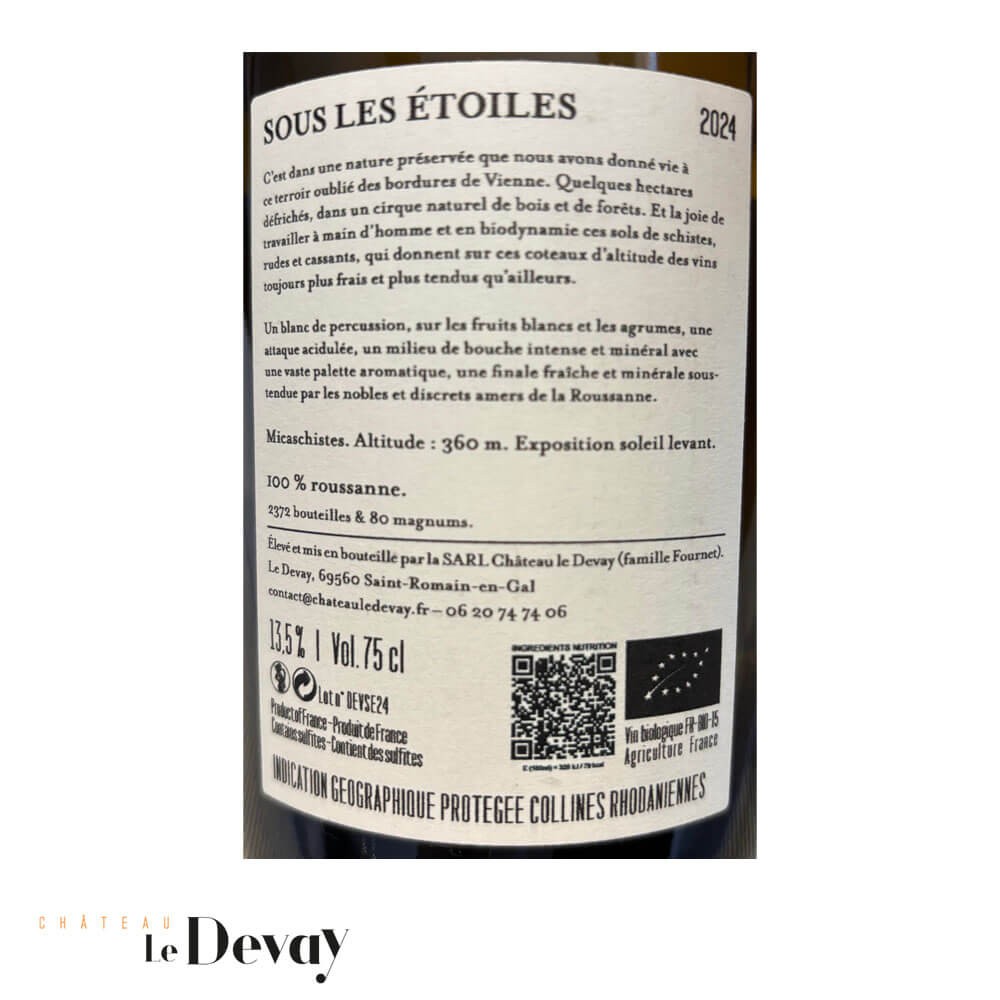 Château Le Devay IGP "Sous les étoiles" (roussanne) blanc sec 2024 contre-étiquette