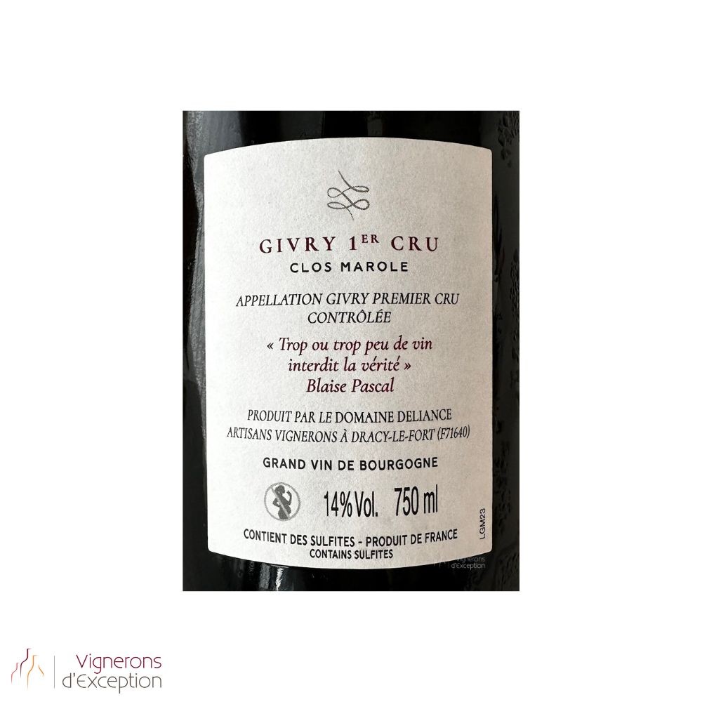 Domaine Deliance Givry 1er Cru Clos Marole rouge 2023 contre étiquette