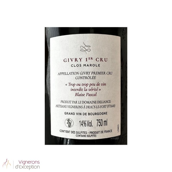 Domaine Deliance Givry 1er Cru Clos Marole rouge 2023 contre étiquette