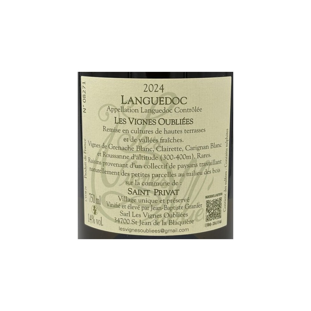 Les Vignes Oubliées Languedoc blanc sec 2024 etiquette