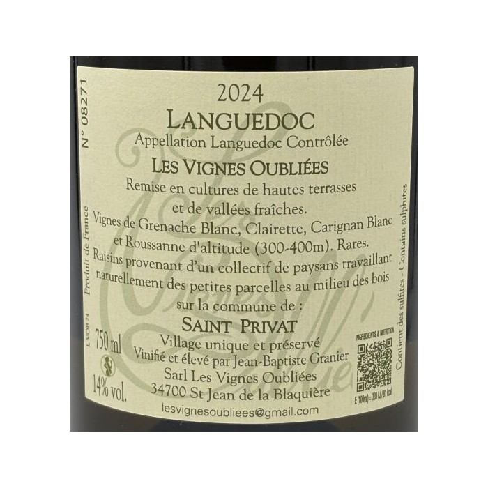 Les Vignes Oubliées Languedoc blanc sec 2024 etiquette