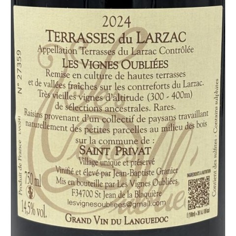 Les Vignes Oubliées, Terrasses du Larzac rouge 2024 bouteille 2
