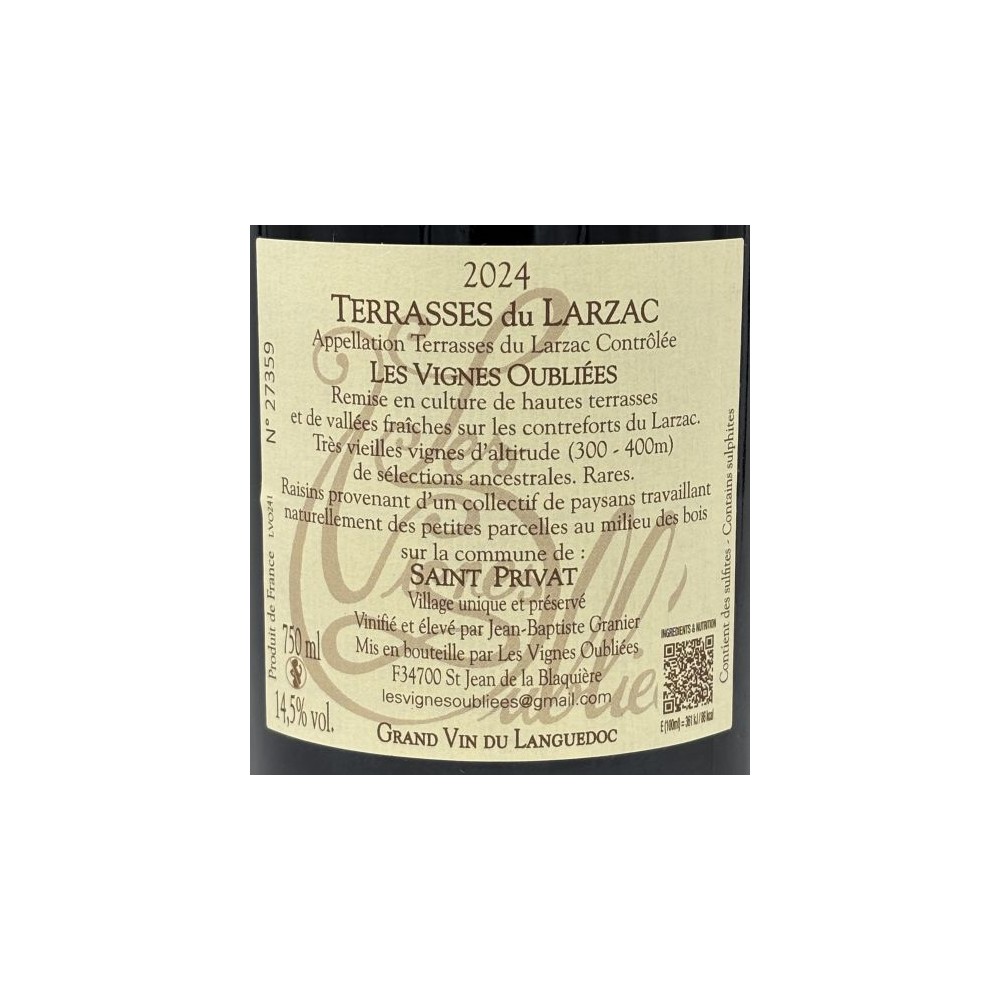 Les Vignes Oubliees, Terrasses du Larzac red 2024 label