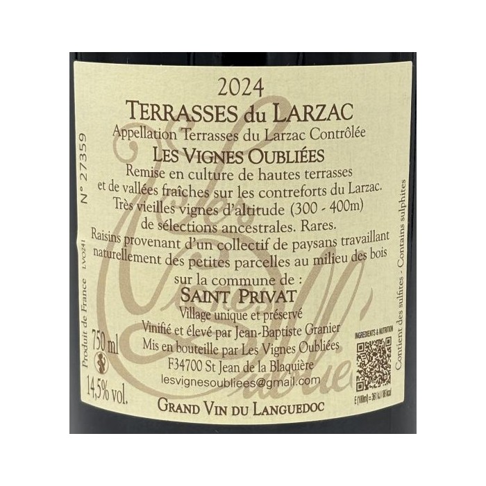 Les Vignes Oubliees, Terrasses du Larzac red 2024 label