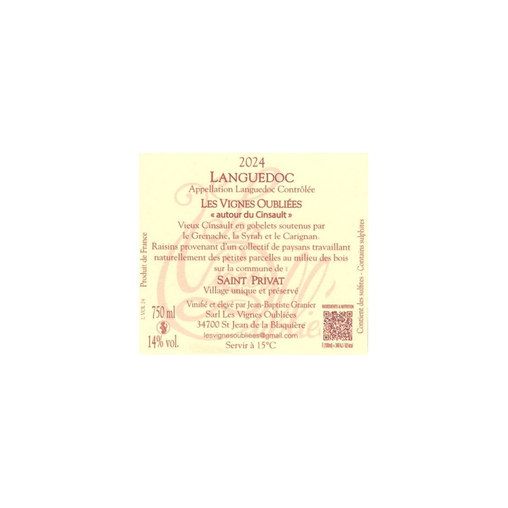 Les Vignes Oubliees "Autour du Cinsault" red 2024 back label