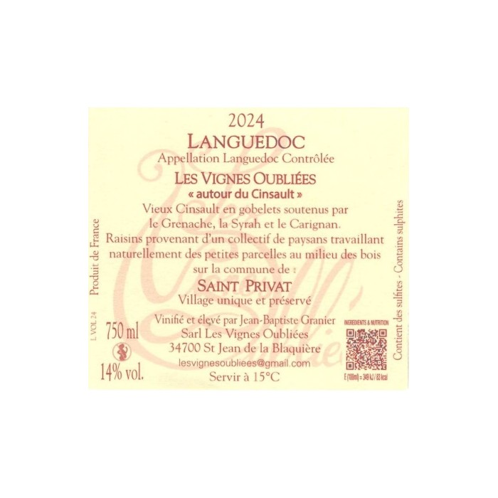 Les Vignes Oubliees "Autour du Cinsault" red 2024 back label