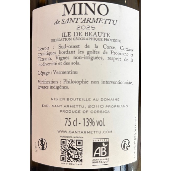 Domaine Sant Armettu "Mino" blanc sec 2025 etiquette