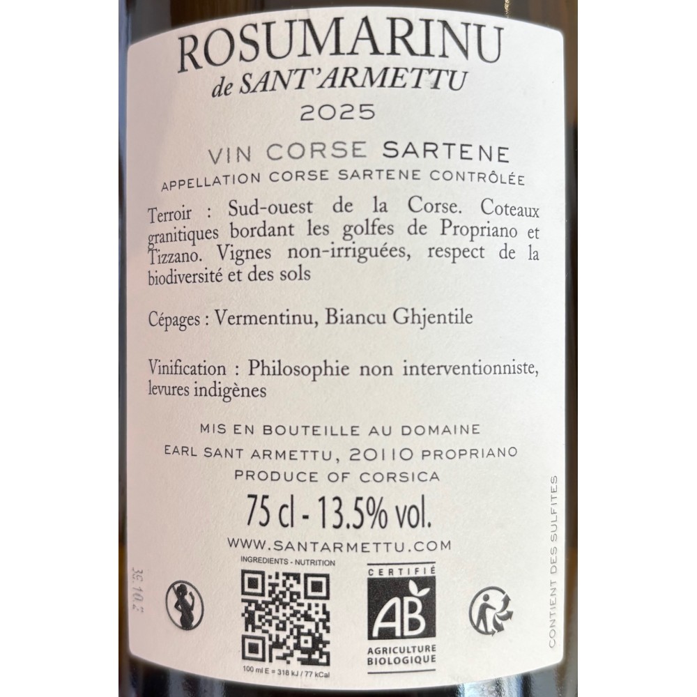Domaine Sant Armettu Sartene "rosumarinu" blanc sec 2025 étiquette