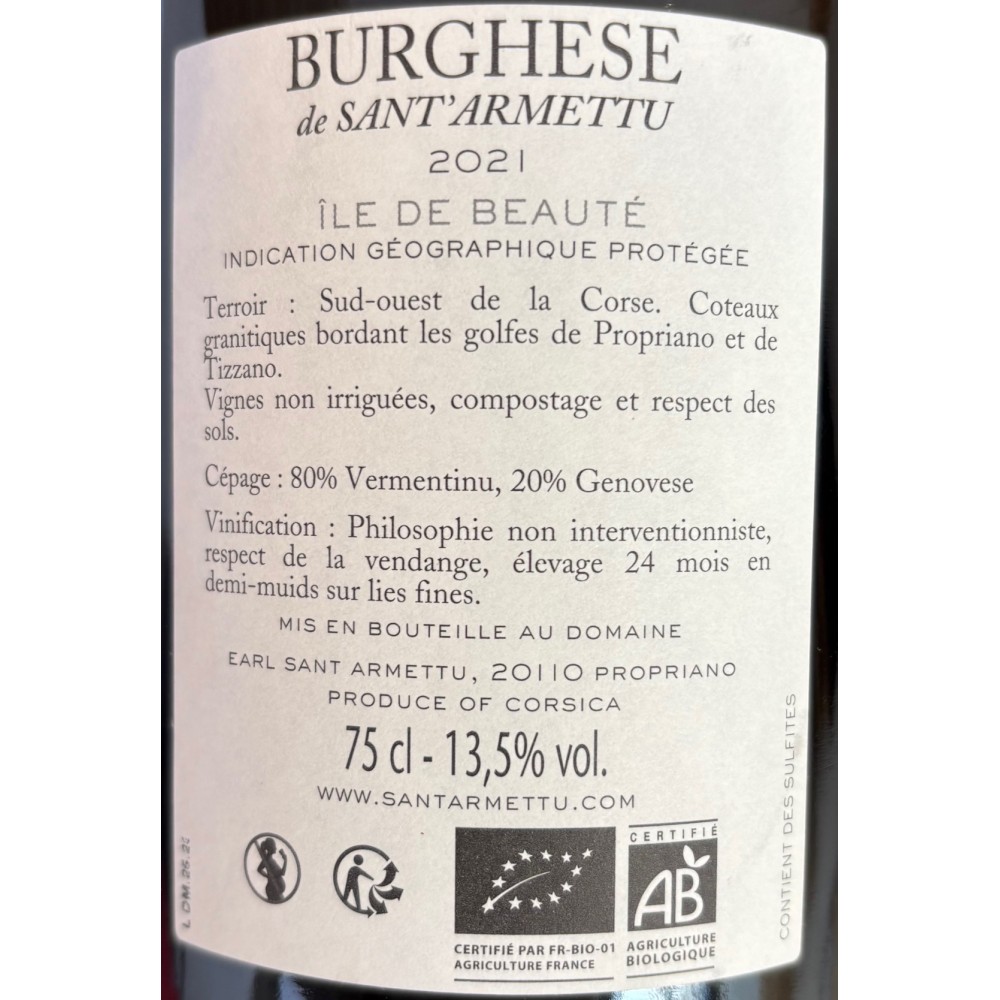 Domaine Sant Armettu Burghese dry white 2021 back label