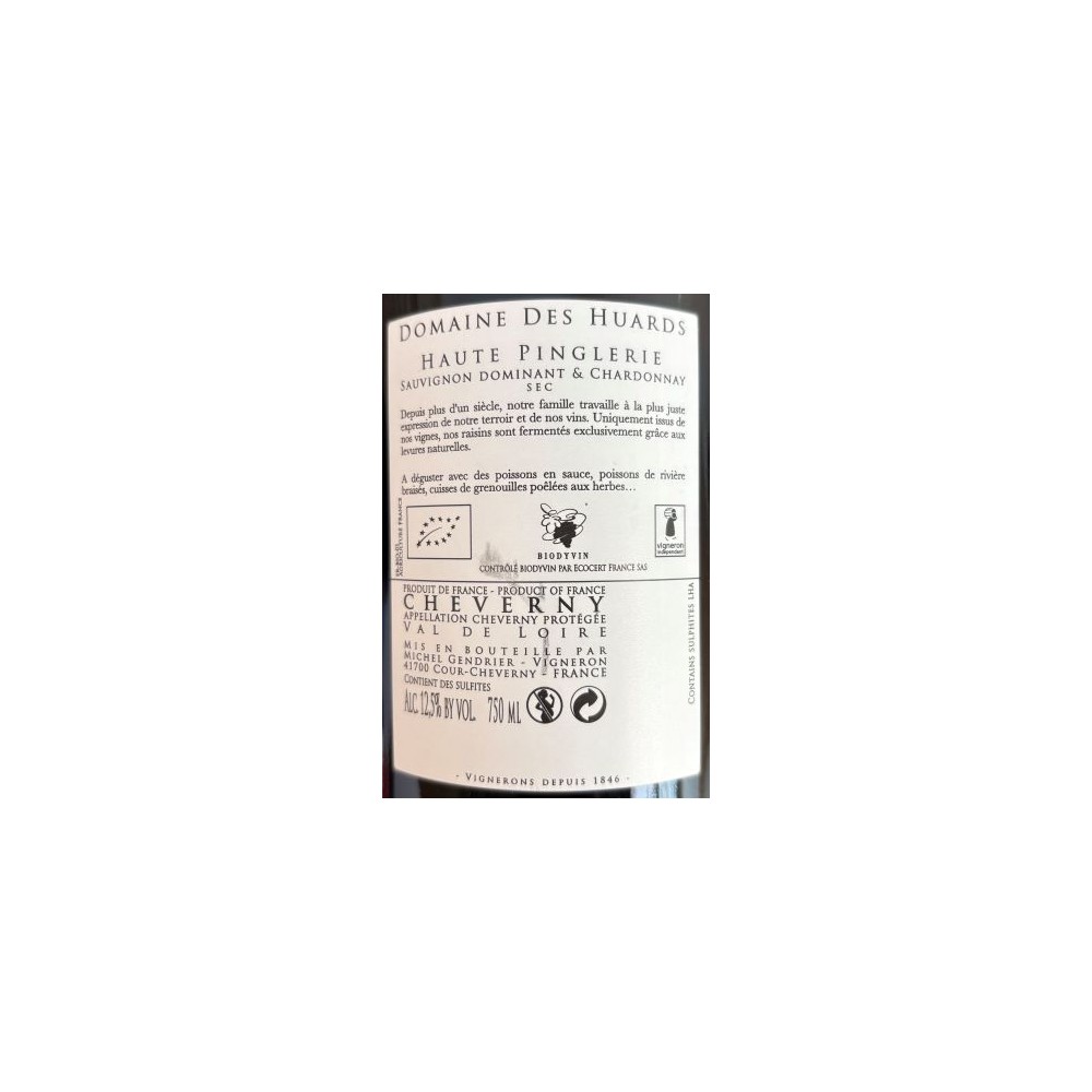Domaine des Huards Cour-Cheverny "La Haute Pinglerie" blanc sec 2020 contre etiquette