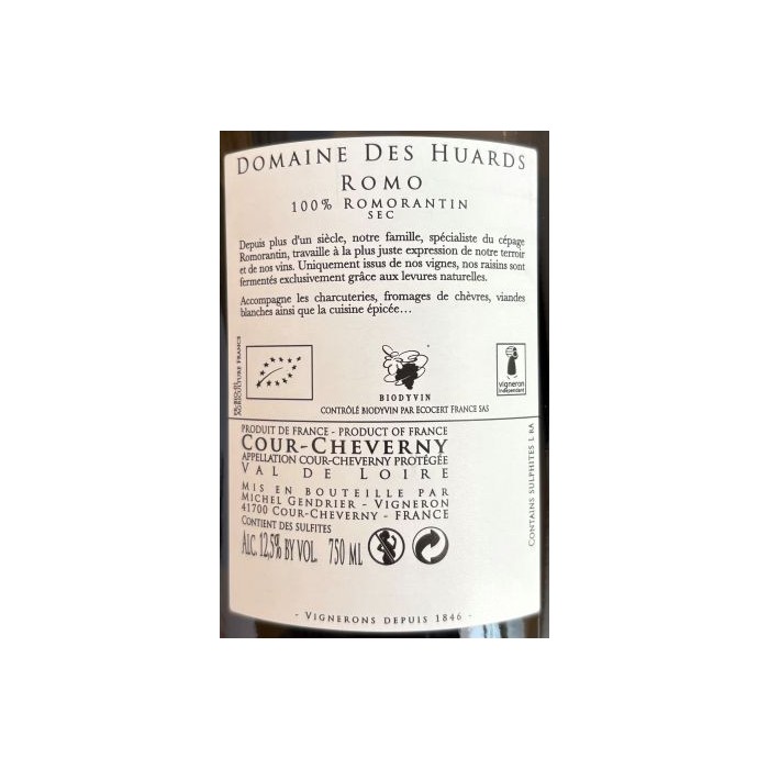 Domaine des Huards Cour-Cheverny "Romo" blanc sec 2022 contre etiquette