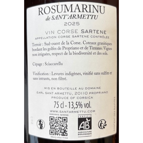 Domaine Sant Armettu Sartene "rosumarinu" rouge 2025 bouteille 2