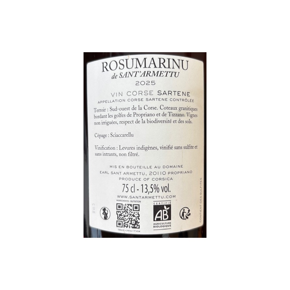 Domaine Sant Armettu Sartene "rosumarinu" rouge 2025 etiquette