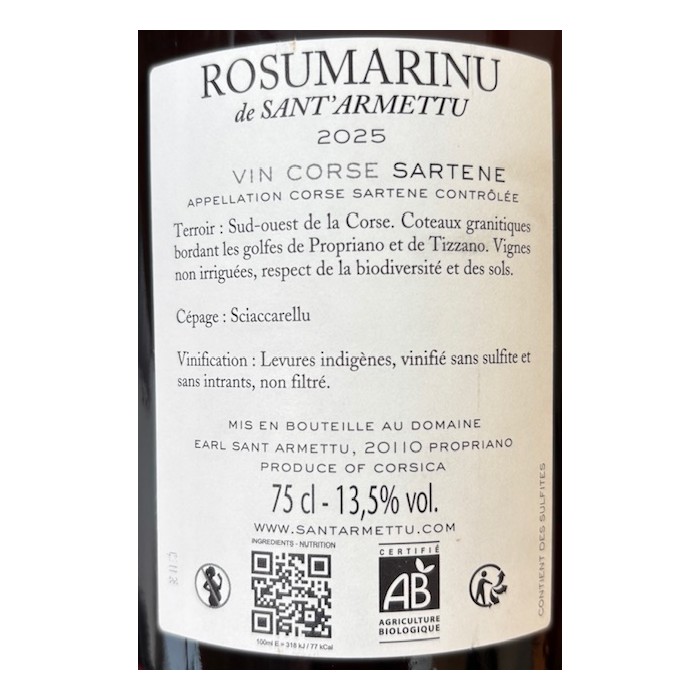Domaine Sant Armettu Sartene "rosumarinu" rouge 2025 etiquette