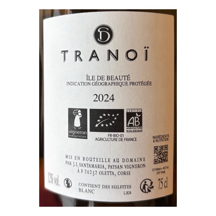 Domaine Santamaria IGP Ile de Beauté "Tranoï"  blanc sec 2024 contre etiquette
