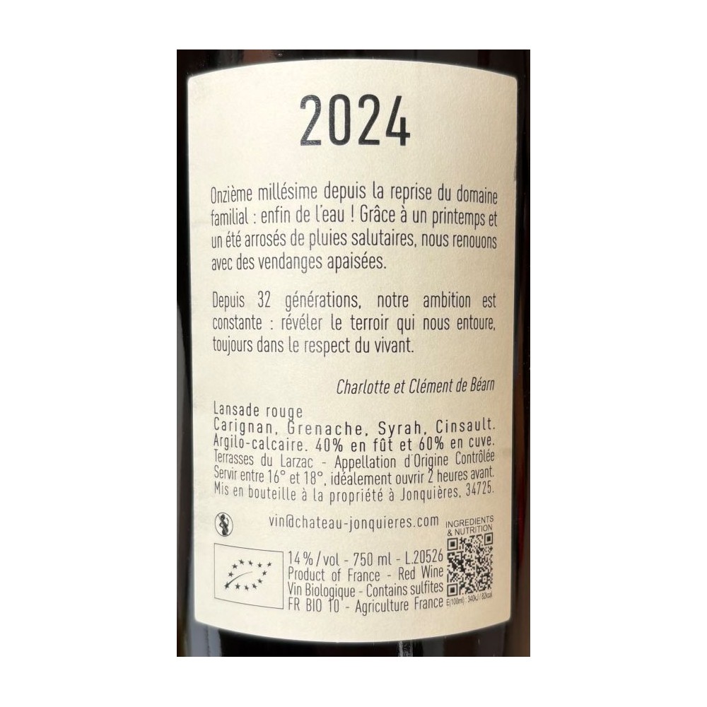 Château de Jonquières Terrasses du Larzac "Lansade" rouge 2024 etiquette