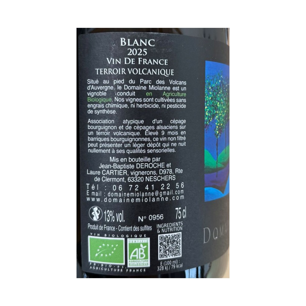 Domaine Miolanne (chardonnay pinot gris gewurztraminer) blanc sec 2025 contre etiquette