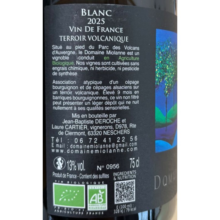 Domaine Miolanne (chardonnay pinot gris gewurztraminer) blanc sec 2025 contre etiquette