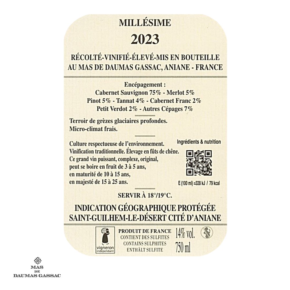 Mas de Daumas Gassac rouge 2023 contre-étiquette
