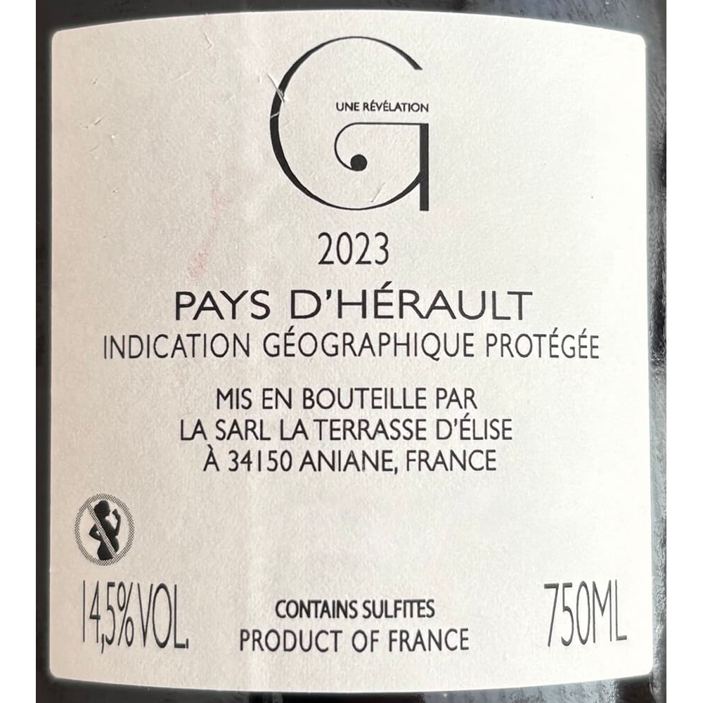 Domaine de la Terrasse d'Elise "G une Révélation" (grenache) rouge 2023 contre-étiquette