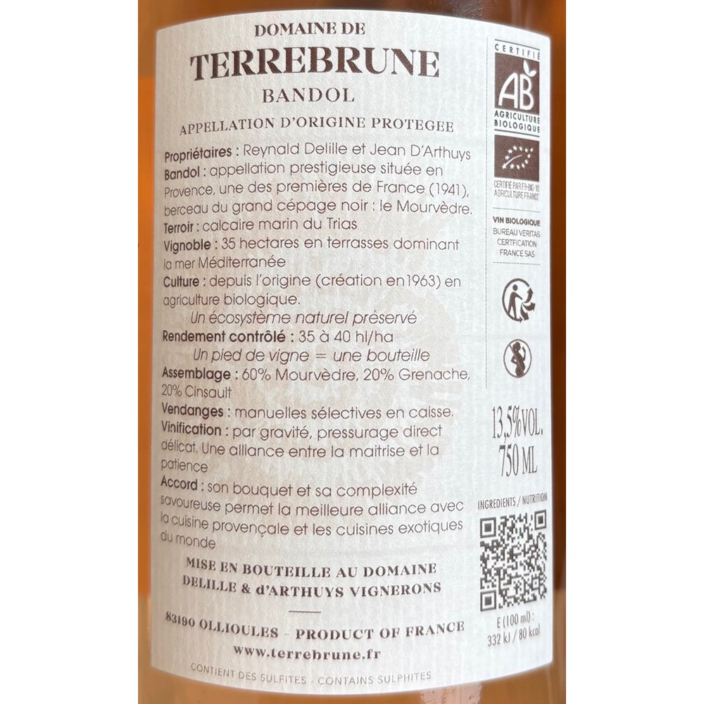 Domaine de Terrebrune Bandol rosé 2025 contre-étiquette