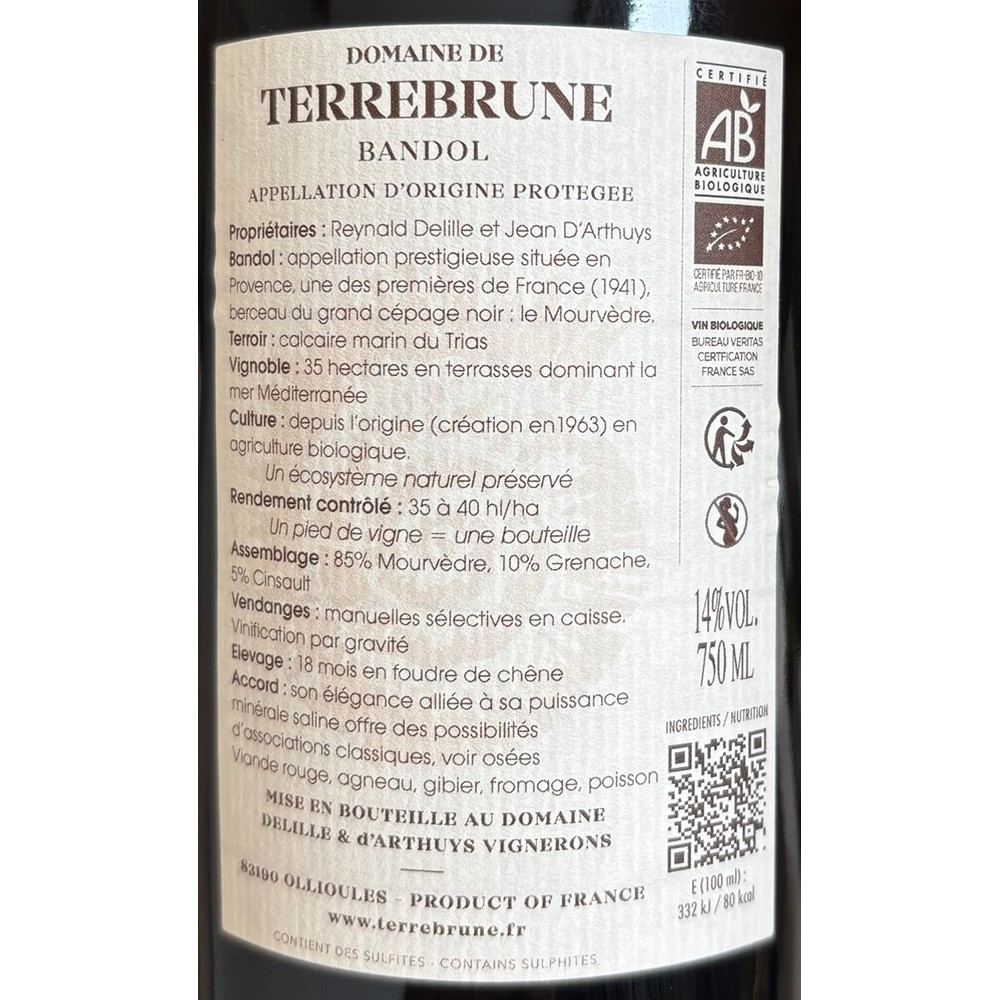 Domaine de Terrebrune Bandol rouge 2020 contre-étiquette
