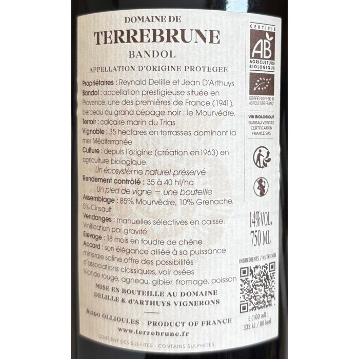 Domaine de Terrebrune Bandol rouge 2020 contre-étiquette