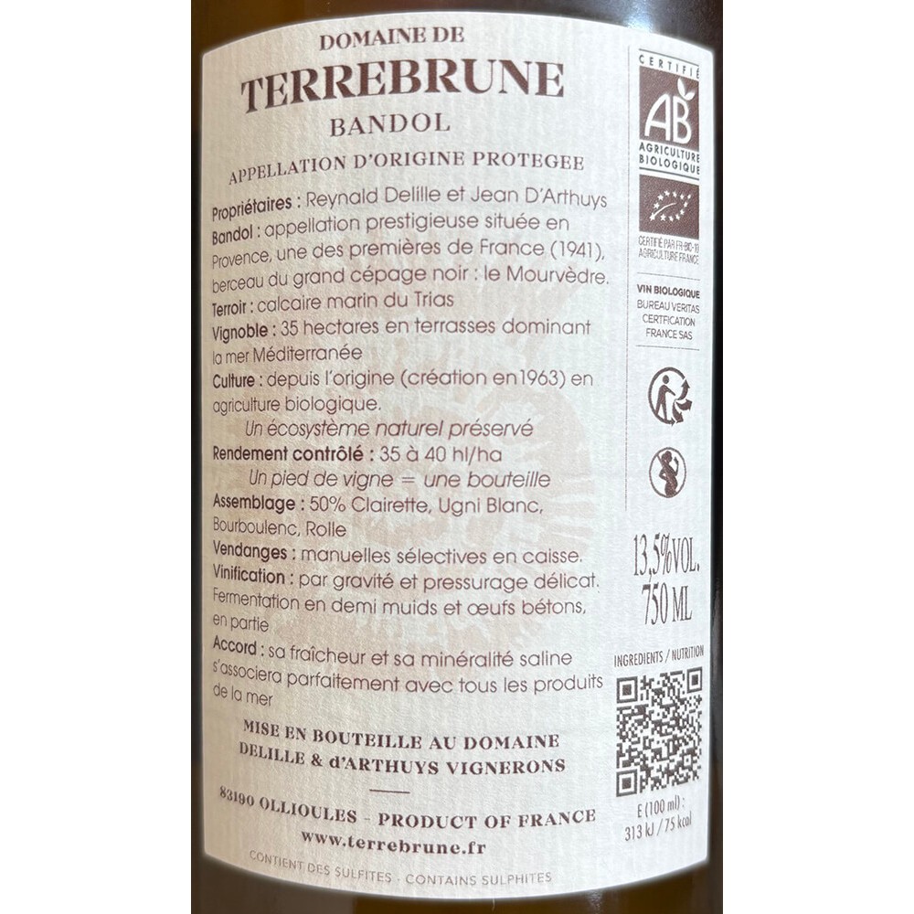 Domaine de Terrebrune Bandol blanc sec 2024 contre-étiquette