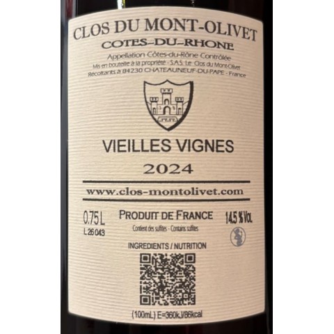Clos du Mont-Olivet Côtes du Rhône "Vieilles Vignes" rouge 2024 bouteille 2