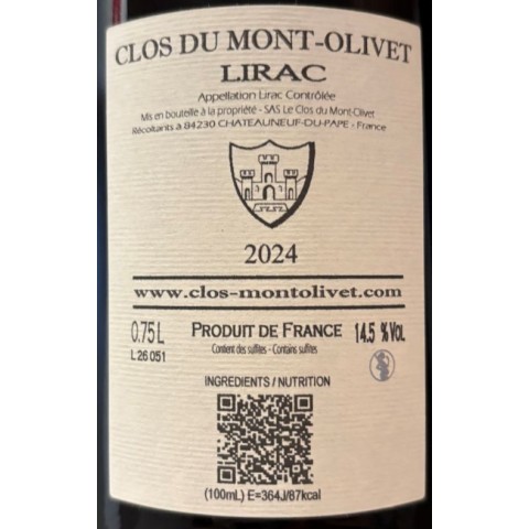 Clos du Mont-Olivet Lirac rouge 2024 bouteille 2