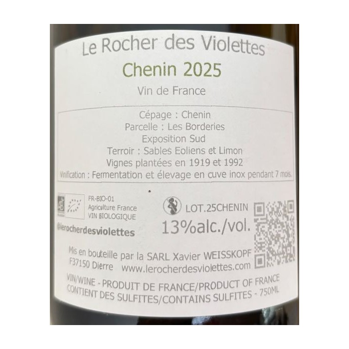 Le Rocher des Violettes VdF "Chenin" dry white 2023 back label