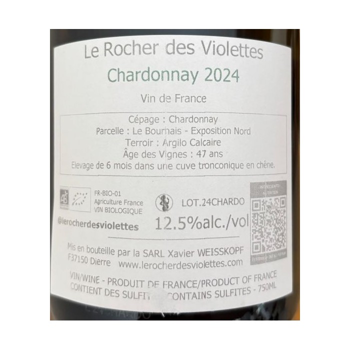 Le Rocher des Violettes "Chardonnay" dry white 2023 back label